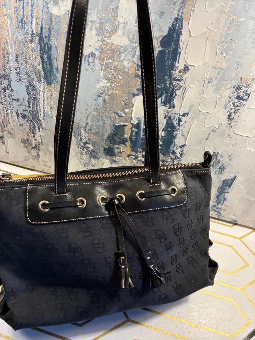 Vintage Dooney & Bourke Black  Designer Monogram Tote Bag - Satchel